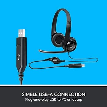سماعات راس H390 سلكية من لوجيتيك مع ميكروفون بخاصية الغاء الضوضاء، USB، لاجهزة الكمبيوتر الشخصي، تحكم داخي بالميكروفون، للكمبيوتر الشخصي والماك واللابتوب، لون اسود