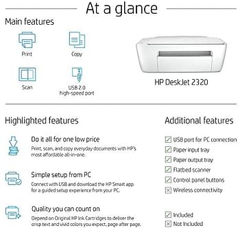 HP DeskJet 2320 All-in-One Printer, USB Plug and Print, scan, and copy -white