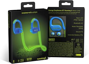 Energy Sistem Earphones BT Running 2 Neon Green (Neon LED, IPX4, Secure-Fit, Sport Wireless, Microphone, Extended Battery)