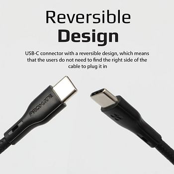 Promate USB-C Cable, Powerful USB-C to USB-C 60W Power Delivery Cable with 3A Ultra-Fast Charging Syncing Cord and 1.2 Meter Anti-Tangle Cord for All Type-C Enabled Devices, PowerBeam-CC Black