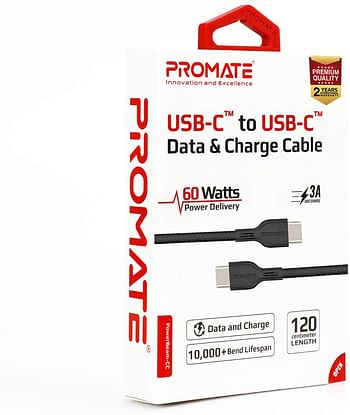 Promate USB-C Cable, Powerful USB-C to USB-C 60W Power Delivery Cable with 3A Ultra-Fast Charging Syncing Cord and 1.2 Meter Anti-Tangle Cord for All Type-C Enabled Devices, PowerBeam-CC Black