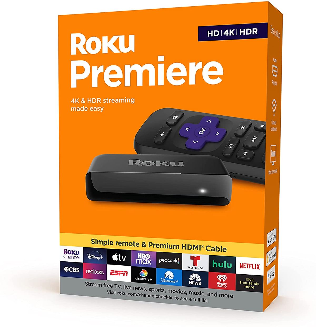 Roku Premiere | HD/4K/HDR Streaming Media Player, Simple Remote and Premium HDMI Cable, Black