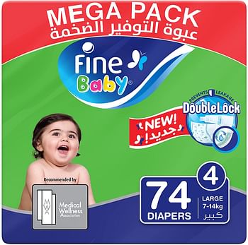 Fine Baby Double Lock, Size 4, Large, 7-14 kg, Mega Pack, 74 Diapers