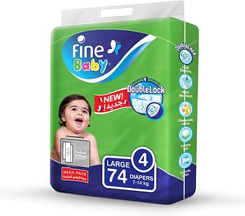 Fine Baby Double Lock, Size 4, Large, 7-14 kg, Mega Pack, 74 Diapers