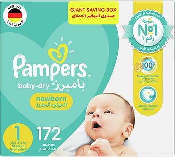 Pampers New Baby-Dry Diapers, Size 1, Newborn, 2-5kg, Giant Box, 172 Count