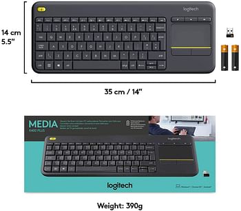 Logitech K400 Plus Wireless Livingroom Keyboard with Touchpad for Home Theatre PC Connected to TV, Customizable Multi-Media Keys, Windows, Android, Laptop/Tablet - Black