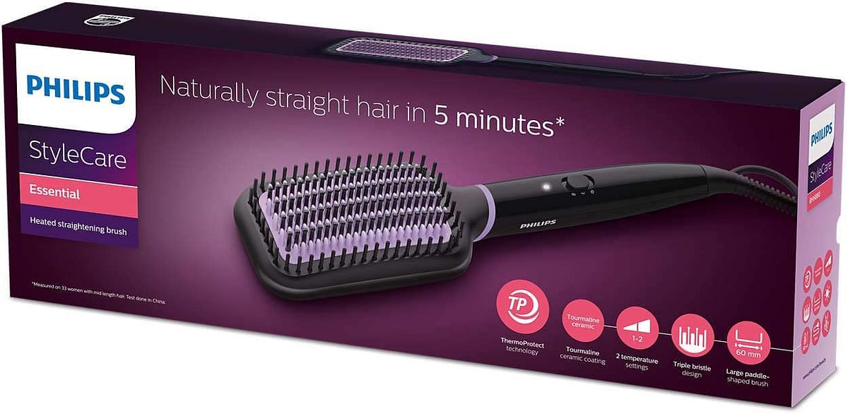 PHILIPS StyleCare Essential Heated straightening brush. Extra large brush area. Tourmaline ceramic coating. 2 temperature settings. 3 pin, BHH880,Black and purple