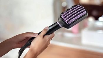 PHILIPS StyleCare Essential Heated straightening brush. Extra large brush area. Tourmaline ceramic coating. 2 temperature settings. 3 pin, BHH880,Black and purple