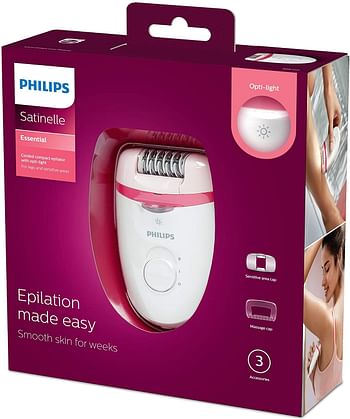 Philips Satinelle Essential Corded Compact Epilator. 3 Accessories. Opti- Light. 2 pin, White, BRE255/00
