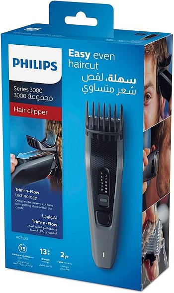 PHILIPS Series 3000 Hair Clipper, Black, HC3520/13. Black