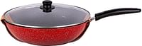 Bister Non Stick Frying Pan Granite Work & Glass Cover for Cooking Saute Vegetables Steaks Easy Cleaning Made of High Quality Size 30cm - Black & Red