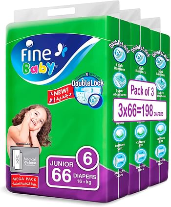 Fine Baby Double Lock, Size 6, Junior, 16+ kg, 198 Diapers (New packaging: 3x66 )