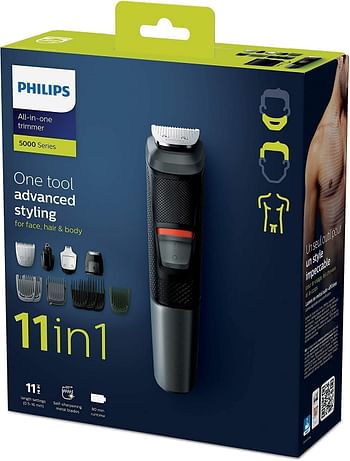 Philips 11-in-1 All-In-One Trimmer, Series 5000 Grooming Kit for Beard, Hair & Body with 11 Attachments, Including Nose Trimmer, Self-Sharpening Metal Blades, MG5730/33  , /Black/One size