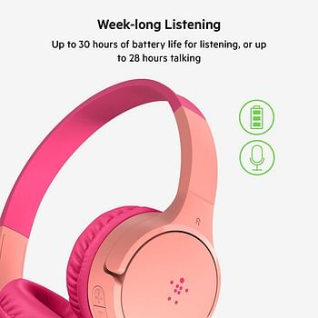 Belkin SoundForm Kids On Ear Wireless Headphones (with Built in Microphone, Girls and Boys For Online Learning, School, Travel, Compatible with iPhones, iPads, Galaxy and more) - Pink