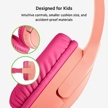 Belkin SoundForm Kids On Ear Wireless Headphones (with Built in Microphone, Girls and Boys For Online Learning, School, Travel, Compatible with iPhones, iPads, Galaxy and more) - Pink