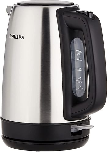 PHILIPS New Daily Metal Kettle HD9350/92, 1800W, Plastic spring lid, 1.7L, Pilot light, Extra large opening, Water level indicator/Silver