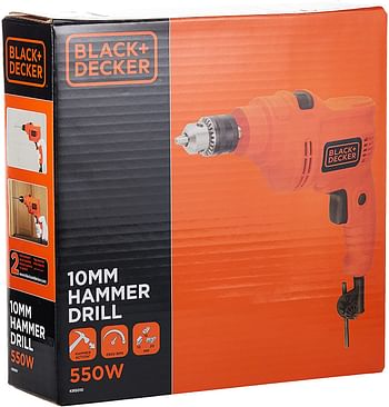 Black+Decker 550W 10mm Corded Electric Hammer Percussion Drill for Metal - Concrete & Wood Drilling - Orange/Black - KR5010-B5