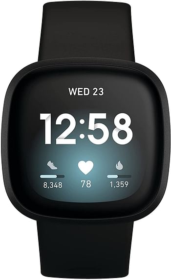 ساعة ذكية للصحة واللياقة البدنية من فيتبيت فيرسا 3، مع تقنية GPS، معدل ضربات القلب 24/7، مساعد صوتية وبطارية تصل إلى 6 أيام، من الألومنيوم الأسود/ الأسود