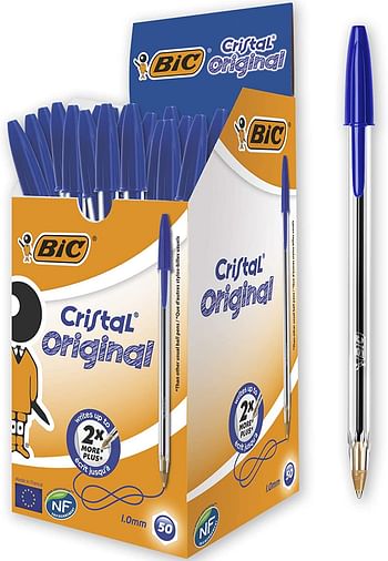 BIC Cristal Original Ballpoint Pens Medium Point (1.0 mm), Box of 50 - Blue