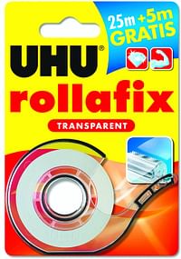 UHU ROLLAFIX Transparent Stationery Office Adhesive Tape, silent operation, Dispenser with Refill, 25 m (+ 5m free) x 19 mm, Transparent-Clear.