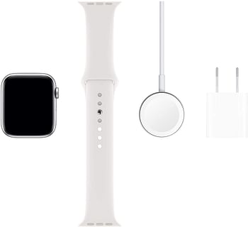 Apple Watch Series 5 (44mm, GPS and LTE) Silver Aluminum Case with White Sport Band