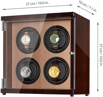 CHIYODA Watch Winder Four Watch Winder For Men's And Women's Automatic Watch With Quad Mabuchi Motor LCD Digital Display And High Gloss Brown SWI14-L4