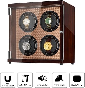 CHIYODA Watch Winder Four Watch Winder For Men's And Women's Automatic Watch With Quad Mabuchi Motor LCD Digital Display And High Gloss Brown SWI14-L4