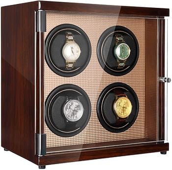 CHIYODA Watch Winder Four Watch Winder For Men's And Women's Automatic Watch With Quad Mabuchi Motor LCD Digital Display And High Gloss Brown SWI14-L4