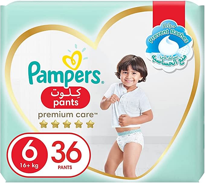 حفاضات بريميوم كير على شكل بنطال من بامبرز، قياس 6، كبيرة جداً، مناسبة لوزن 16 كغم Size 6 (pack of 36)