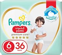 Pampers Premium Care Pants Diapers, Size 6, >16kg, The Softest Diaper with Stretchy Sides for Better Fit, 36 Baby Diapers/Multicolor