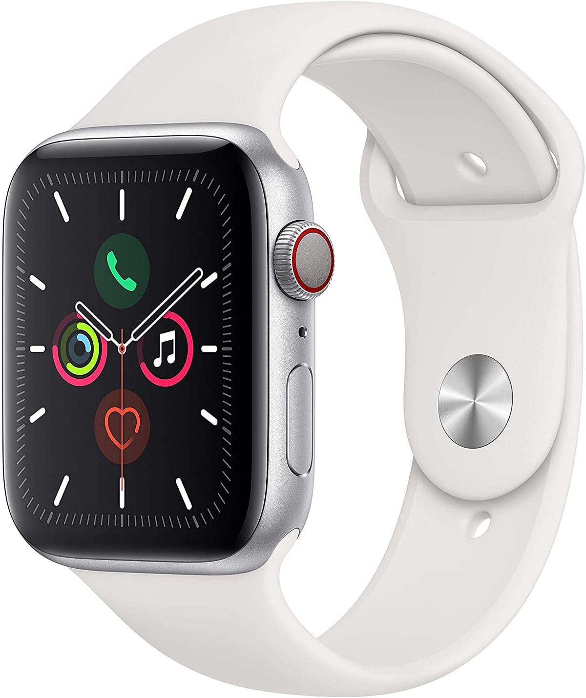 Apple Watch Series 5 (GPS و LTE ، 44 ملم) - هيكل فضي من الألومنيوم وحزام رياضي أبيض