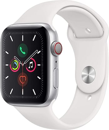 Apple Watch Series 5 (GPS و LTE ، 44 ملم) - هيكل فضي من الألومنيوم وحزام رياضي أبيض