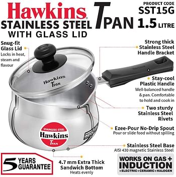 Hawkins Stainless Steel Tpan 1.5L with Glass lid