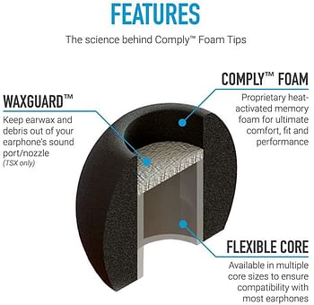 سماعات أذن كومبلاي كومفورت بلاس Tsx-500 من الفوم المتكيف، نصائح استبدال لسماعات الأذن، ملاءمة آمنة (S/M/L، 3 أزواج)، 29-50200-11، أسود