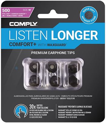 Comply Comfort Plus Tsx-500 Memory Foam Earphone Tips, Noise Reducing Replacement Earbud Tips, Secure Fit (S/M/L, 3 Pairs), 29-50200-11, Black