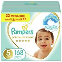 Pampers Premium Care Diapers, Size 5, 11-16 kg, The Softest Diaper and the Best Skin Protection, with Up to 100% Leakage Protection Over 12 Hours, 168 Baby Diapers