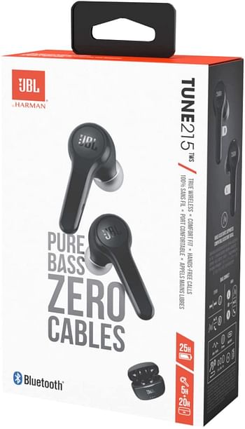 JBL Tune 215TWS True Wireless In-Ear Headphones, Pure Bass Sound, Built-In Mic, 25 Hours of Battery, Ultra-Comfortable Fit, Dual Connect, Voice Assistant, Fast USB Type-C - Black, JBLT215TWSBLK