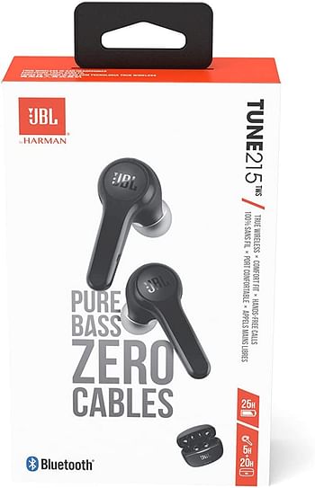 JBL Tune 215TWS True Wireless In-Ear Headphones, Pure Bass Sound, Built-In Mic, 25 Hours of Battery, Ultra-Comfortable Fit, Dual Connect, Voice Assistant, Fast USB Type-C - Black, JBLT215TWSBLK