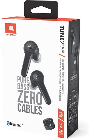 JBL Tune 215TWS True Wireless In-Ear Headphones, Pure Bass Sound, Built-In Mic, 25 Hours of Battery, Ultra-Comfortable Fit, Dual Connect, Voice Assistant, Fast USB Type-C - Black, JBLT215TWSBLK