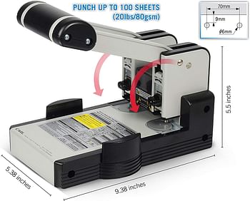 Carl MFG Heavy-Duty Punch, 2-Hole, 6mm, 100 Sheet Capacity (CUI62100) - Silver/Black