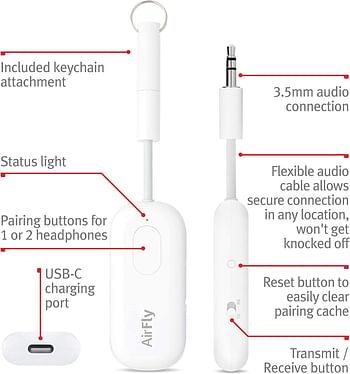 Twelve South Airfly SE Bluetooth Transmitter For Air Flights - White