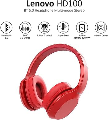 Lenovo Wireless Over Ear Headphone Hd100 Hd100-Rd Medium - Red