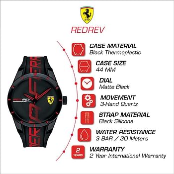 Ferrari Men's RedRev Quartz Plastic and Silicone Strap Casual Watch 0830614 - Black