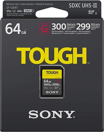 Sony Tough High Performance 64GB SDXC UHS-II Class 10 U3 Flash Memory Card with Blazing Fast Read Speed up to 300MB/s (SF-G64T/T1)