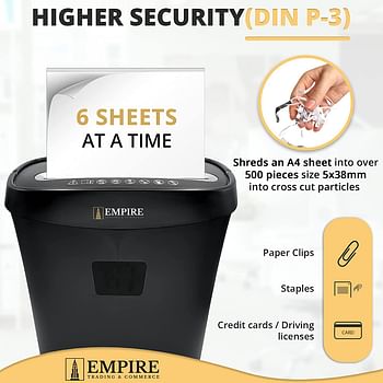 Empire Paper Shredder 6-Sheet Cross-Cut, 15 Litres Shredder for Home and Office Heavy Duty, Shred Paper Clips, Staples and Credit Cards (OS050C/Black)