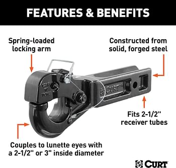 CURT 48010 Pintle Hook Hitch for 2-1/2-Inch Receiver, 20,000 lbs, Fits 2-1/2-In Lunette Ring