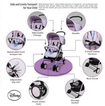 Disney Frozen 2 Lightweight Picnic Stroller Plus Storage Cabin 0 - 36 Months, Compact Design, Rear Breaks, Adjustable Leg Rest - Purple L66Xw44.5Xh98 Cm