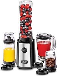 Black+Decker 300W 16 Piece 4-in-1 Personal Compact Sports Blender/Smoothie Maker with Citrus Juicer & Grinder Mill SBX300BCG-B5, Silver/Black