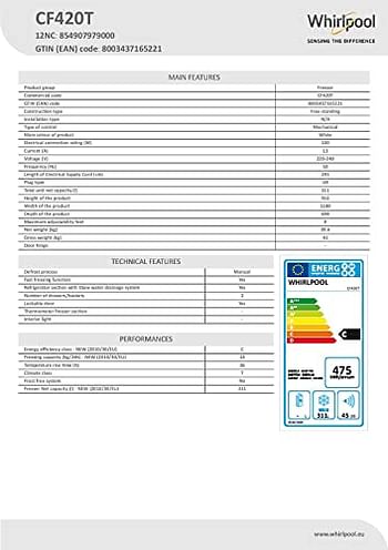 Whirlpool Chest Freezer, 420 Liters, CF420T