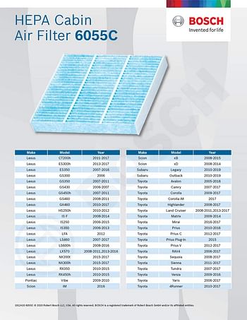 Bosch Automotive 6055C HEPA Cabin Air Filter For Select Lexus; Subaru Legacy Outback; Toyota Avalon Camry Corolla Highlander Land Cruiser Prius RAV4 Sequoia Sienna Tundra 4Runner